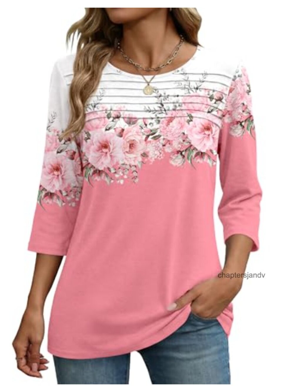 3/4 Sleeve Pleated Tunic Blouse Dressy Casual Shirt Floral